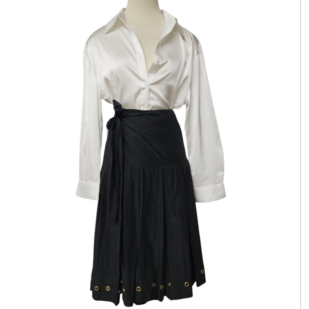 Nicole Farhi Pleated Cotton Silk Wrap Skirt With Grommets In Slate And Gold Sz 6
